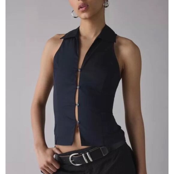NWT Urban Outfitters Party Girl Button Down‎ Sleeveless Shirt Black, Sz S - Picture 1 of 6
